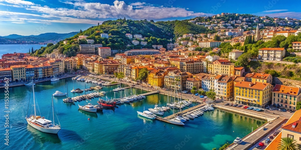 Obraz premium Nice Harbor Aerial: French Riviera Yachts, Coastal Buildings, Blue Sky