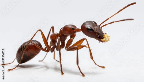 Close-up of a brown ant eating a piece of food.