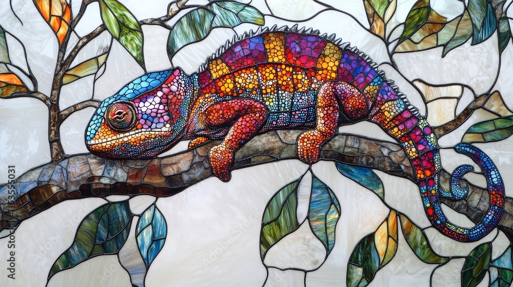 custom made wallpaper toronto digitalColorful Stained Glass Lizard on Branch Surrounded by Leaves