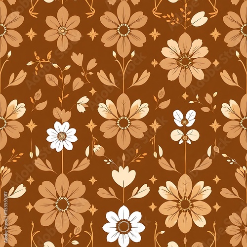 Wallpaper Mural Autumnal Floral Pattern:  A seamless repeat pattern featuring stylized flowers in warm autumnal hues of brown and cream, creating a vintage-inspired design perfect for textile, wallpaper. Torontodigital.ca