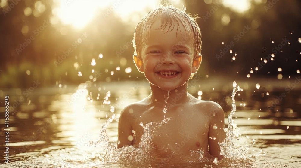 Fototapeta premium Happy Child Playing Joyfully In Water Sunlight