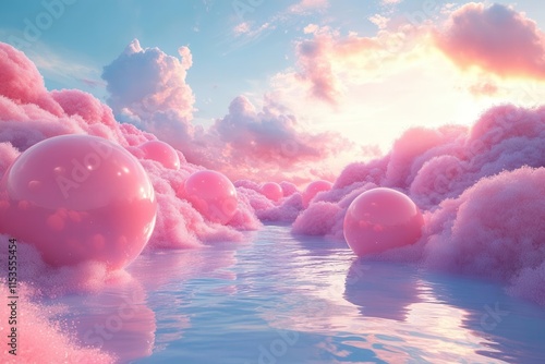 digital illustration of whimsical pastelcolored balls and bubble gums floating in a dreamy landscape evoking feelings of joy nostalgia and playful innocence photo