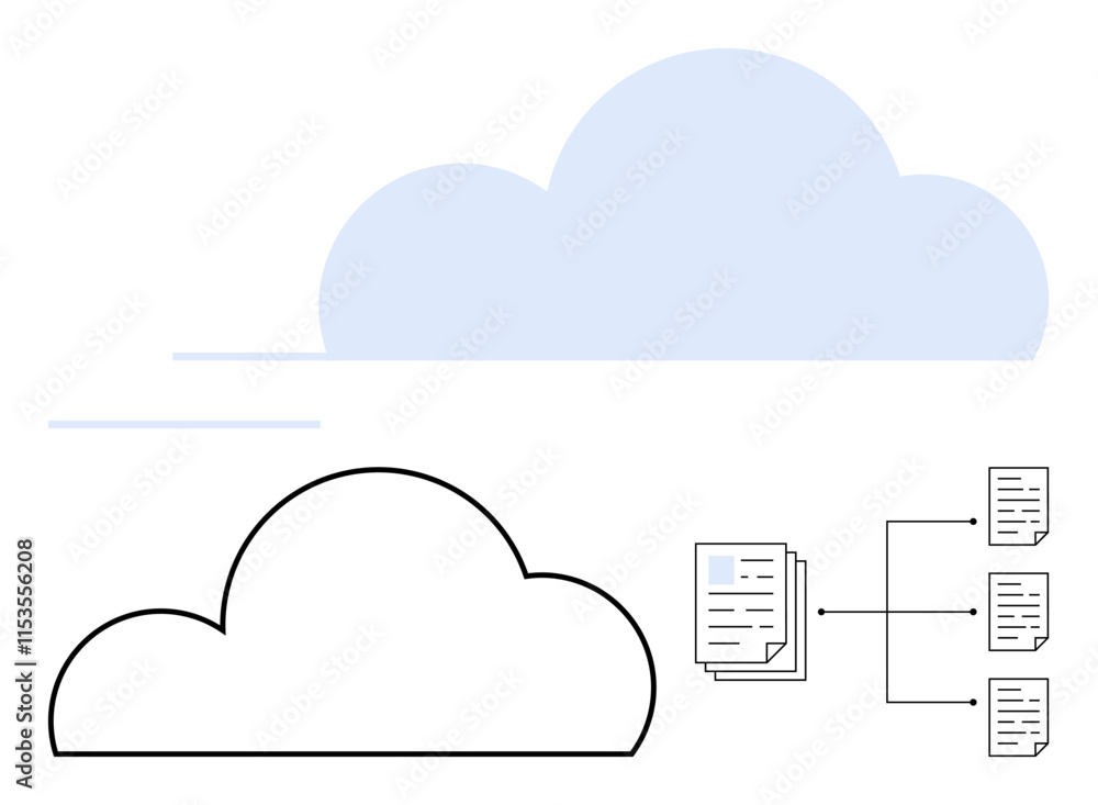 Fototapeta premium Cloud icon in blue, organizational chart with documents and arrows. Ideal for cloud storage, data management, digital organization, file sharing, technology, document management, online