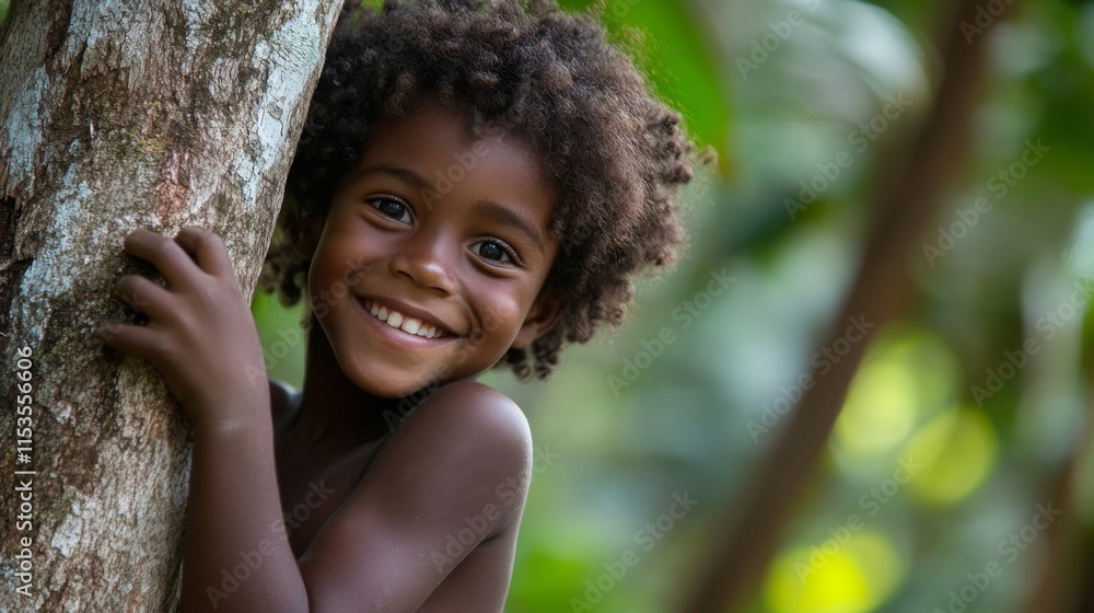 Happy Child Embraces Tree In Lush Green Forest Happy Child Embraces Tree In Lush Green Forest
