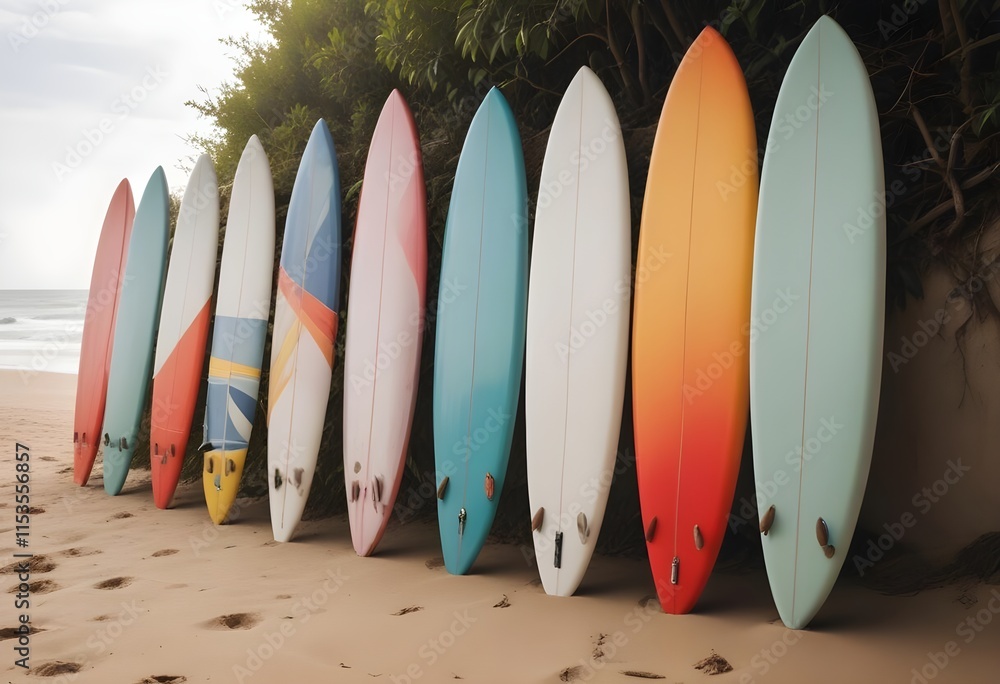 Colorful surfboards lined up on a beach, with trees in the background Colorful surfboards lined up on a beach, with trees in the background