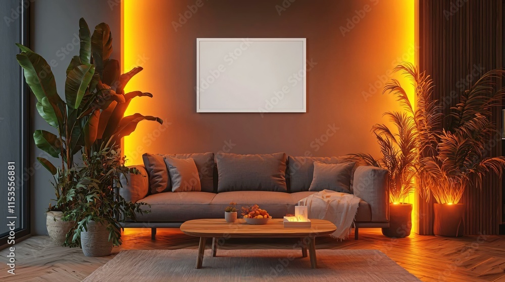 A minimalist living room with a gray sofa, wooden coffee table, and ambient lighting. A blank white picture frame is above the sofa. A minimalist living room with a gray sofa, wooden coffee table, and ambient lighting. A blank white picture frame is above the sofa.