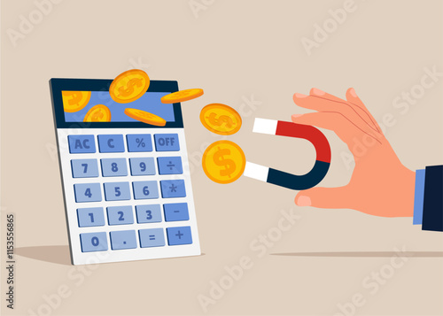 Hand holding magnet horseshoe      sucks money out of a calculator. Path to a millionaire. Financial accounting concept. Modern vector illustration in flat style