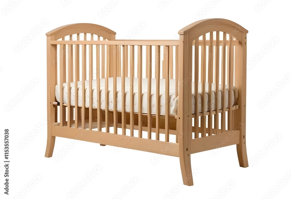 A wooden baby crib with arched headboard and slatted sides A wooden baby crib with arched headboard and slatted sides