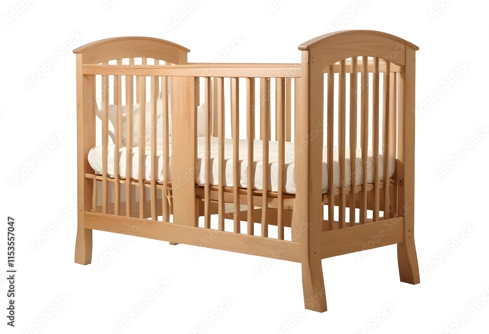 A wooden baby crib with arched headboard and slatted sides A wooden baby crib with arched headboard and slatted sides