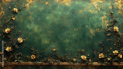 Dark green textured wall with ornate gold roses.