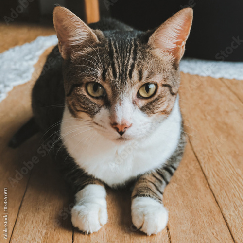 Striped cat with white breast and white paws close-up photo