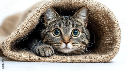 Curious cat peeking from a burlap sack