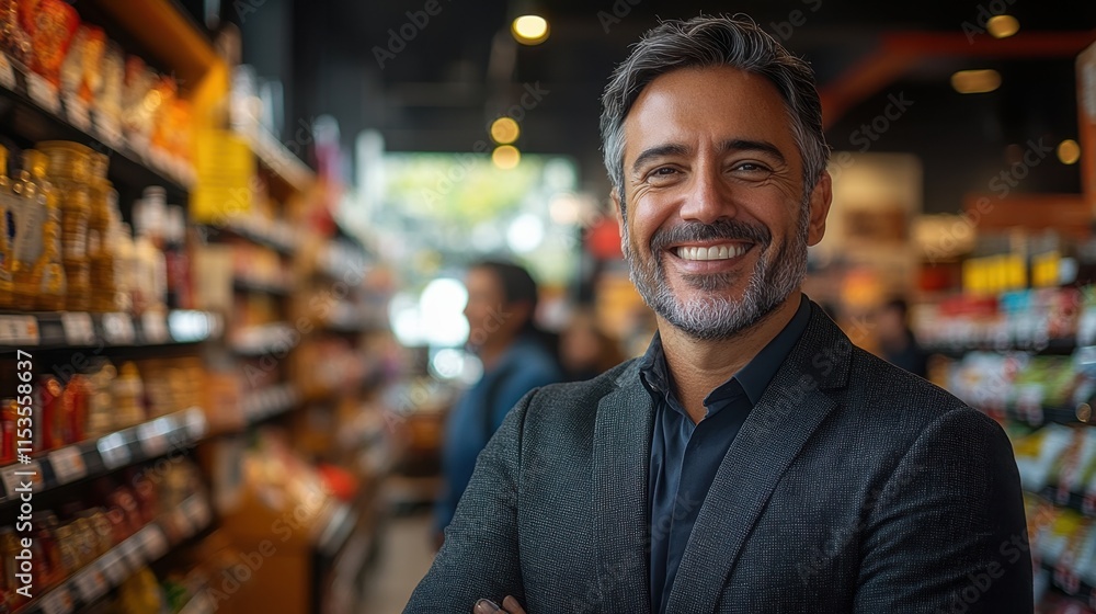 Cheerful Man with Gray Hair in a Modern Grocery Store Aisle Showing Confidence and Warmth while Shopping for Fresh Products and Groceries Cheerful Man with Gray Hair in a Modern Grocery Store Aisle Showing Confidence and Warmth while Shopping for Fresh Products and Groceries