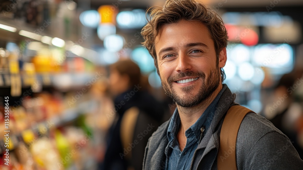 Young man with a friendly smile standing in a grocery store aisle, surrounded by colorful products and shoppers, showcasing an inviting atmosphere of modern retail experience. Young man with a friendly smile standing in a grocery store aisle, surrounded by colorful products and shoppers, showcasing an inviting atmosphere of modern retail experience.
