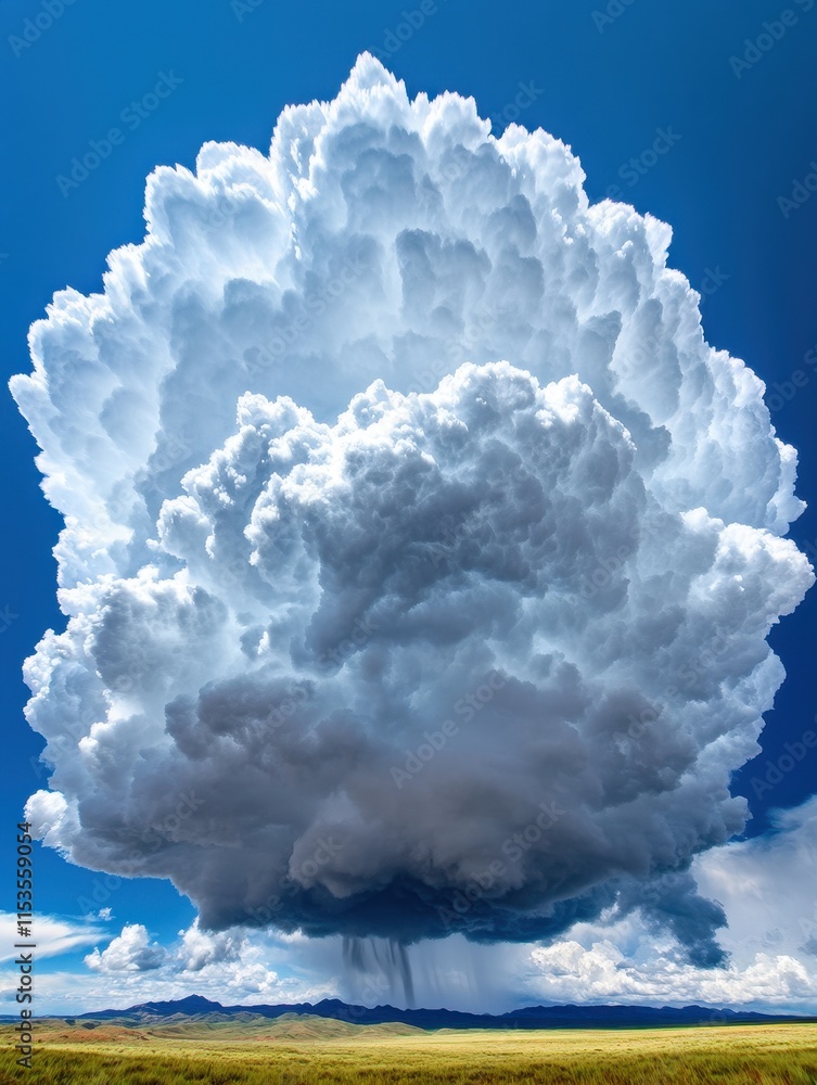 Naklejka premium Dramatic Cloud Formation Over Lush Green Landscape in Bright Sky