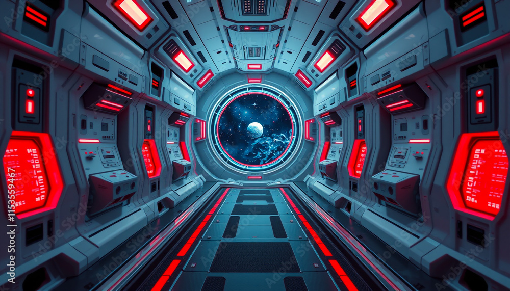 Symmetrical futuristic spaceship interior, Sci-fi corridor with glowing red lights Symmetrical futuristic spaceship interior, Sci-fi corridor with glowing red lights