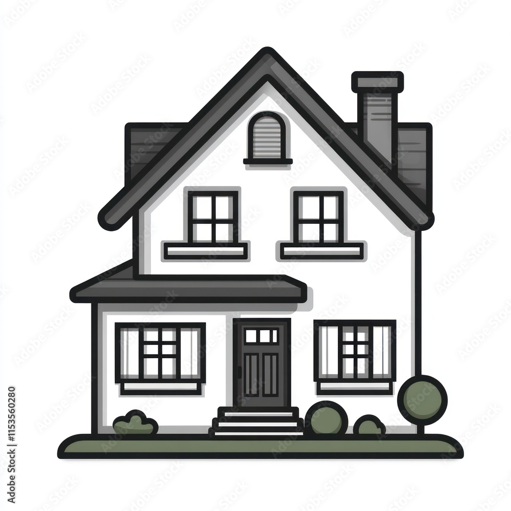 Illustration of a two-story house with gray roof, shutters, and small garden. Illustration of a two-story house with gray roof, shutters, and small garden.