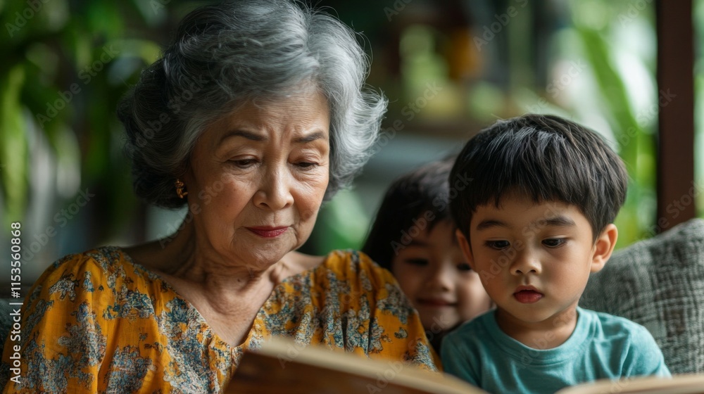 Grandmother reading a book to her grandchildren Grandmother reading a book to her grandchildren