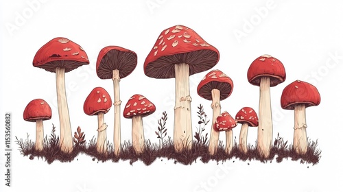 Bright Red Mushrooms Flat Color Vector Illustration Isolated on White Background photo