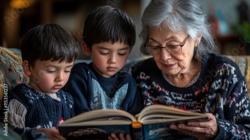 Grandmother Reading To Two Grandchildren A Book