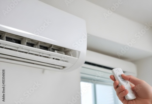 A close-up view of a person's hand adjusting the controls of an air conditioning unit mounted on the wall