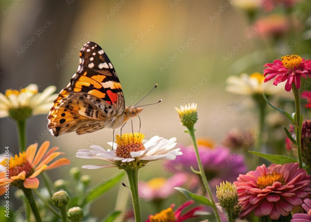 Painted Lady Butterfly on Daisies and Colorful Flowers in a Vibrant Garden Painted Lady Butterfly on Daisies and Colorful Flowers in a Vibrant Garden