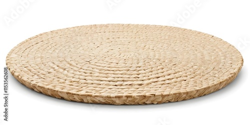 A round woven straw mat or placemat on a plain background