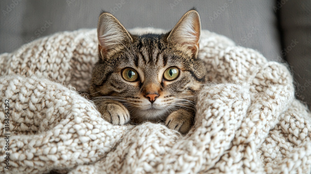 Obraz premium Cozy cat wrapped in a soft blanket