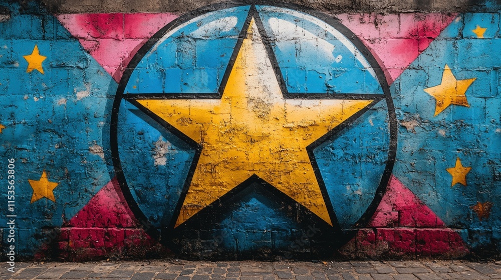 Colorful graffiti star mural on brick wall. Colorful graffiti star mural on brick wall.