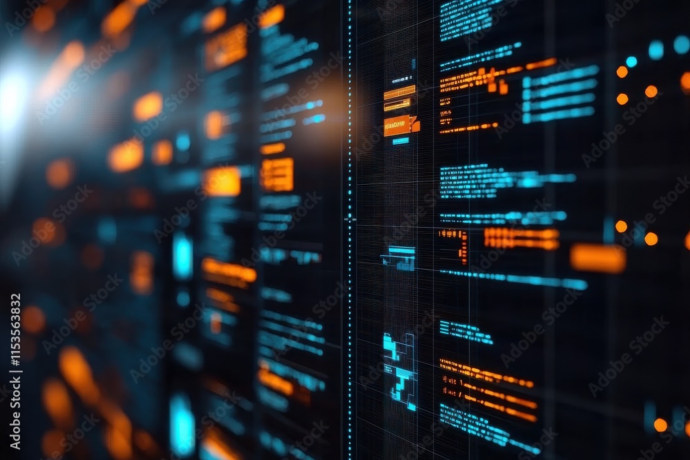 A futuristic display of glowing data and code, showcasing vibrant blue and orange elements against a dark background. A futuristic display of glowing data and code, showcasing vibrant blue and orange elements against a dark background.