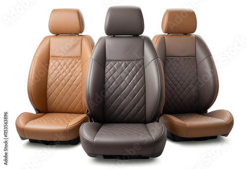 Three leather car seats with tan leather and a quilted diamond pattern design