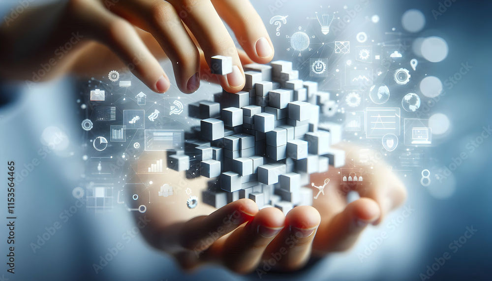 3D Close up of a hand arranging blocks to form a structure concept as A close up of a hand arranging blocks to form a structure symbolizing the building of a solution from basic components. The blurre 3D Close up of a hand arranging blocks to form a structure concept as A close up of a hand arranging blocks to form a structure symbolizing the building of a solution from basic components. The blurre