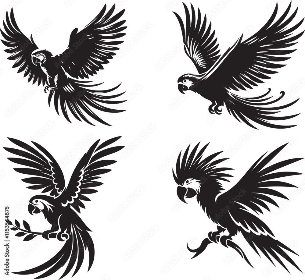Fototapeta premium 4 Deferent Parrot, silhouette vector art illustration