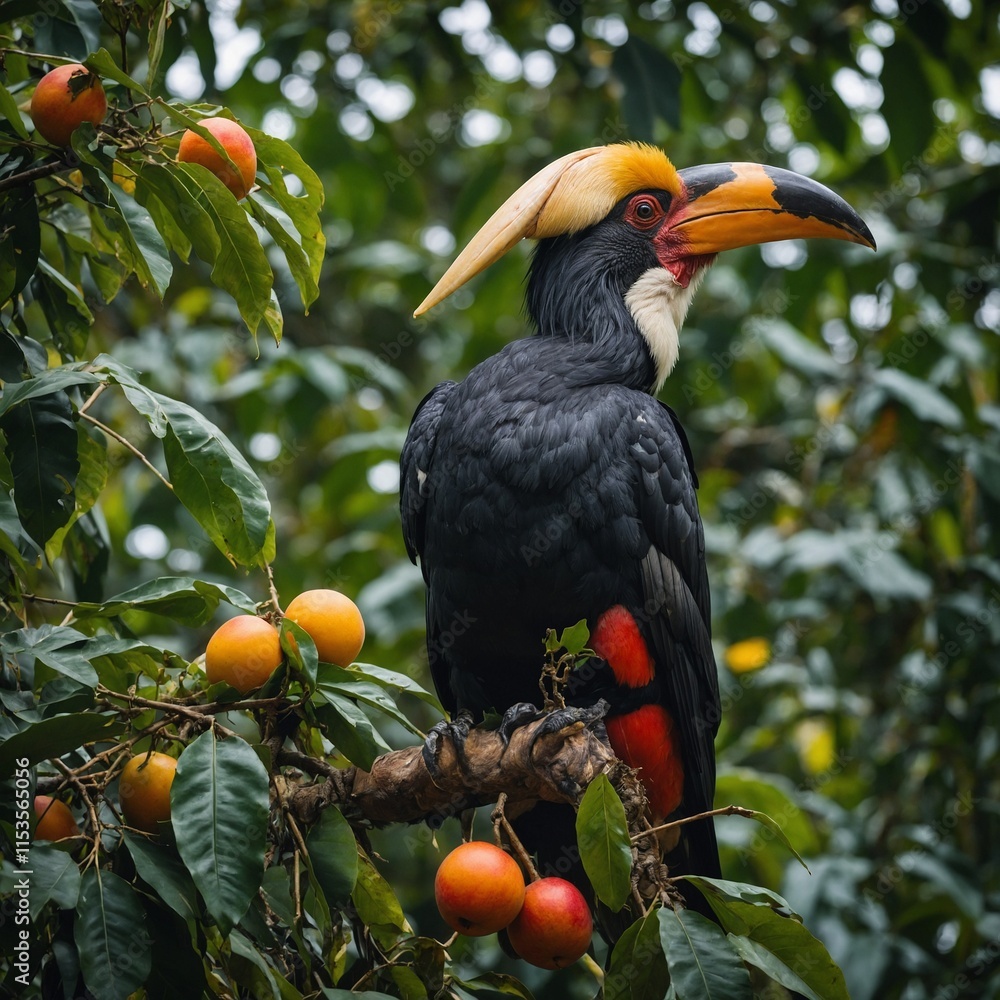 Obraz premium A hornbill sitting on a fruit-laden tree in the jungle.