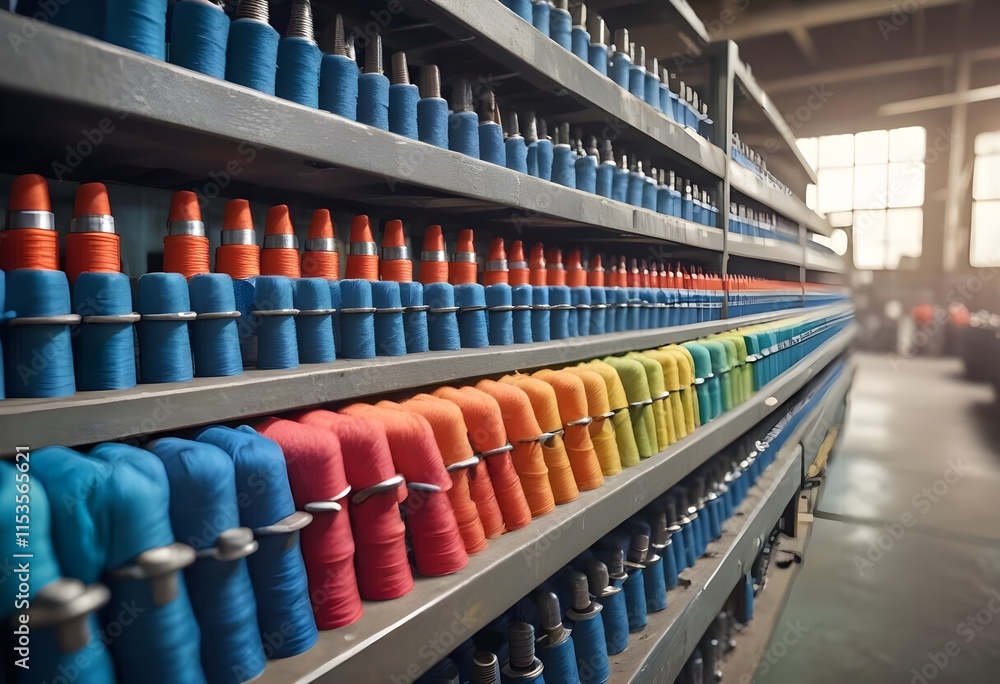 Stacks of vibrant textile bolts in a textile factory , with industrial machinery and equipment visible in the background Stacks of vibrant textile bolts in a textile factory , with industrial machinery and equipment visible in the background