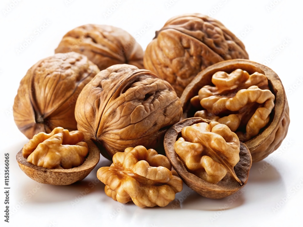 Panoramic Image of Organic Walnuts: Whole and Cracked, Isolated on White Panoramic Image of Organic Walnuts: Whole and Cracked, Isolated on White