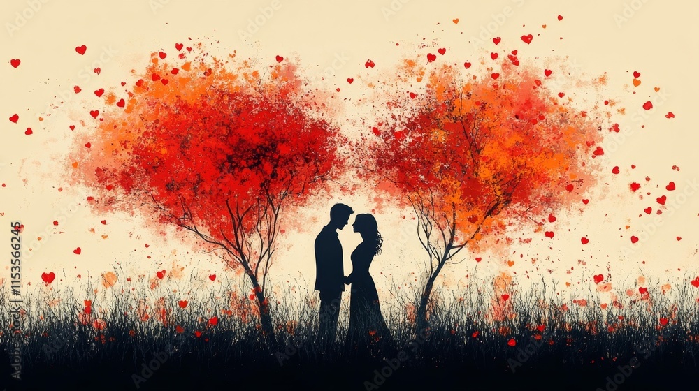 Romantic Silhouette with Heart Trees. Generative AI Romantic Silhouette with Heart Trees. Generative AI