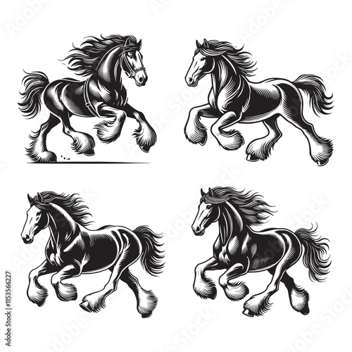 фотографія 4 Set of Black Running Clydesdale Horse Silhouettes Isolated on White Background