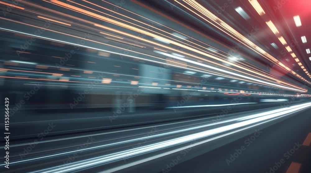 Motion blur & vibrant light trails long exposure. Speed, technology & modern transportation in urban tunnel night Motion blur & vibrant light trails long exposure. Speed, technology & modern transportation in urban tunnel night