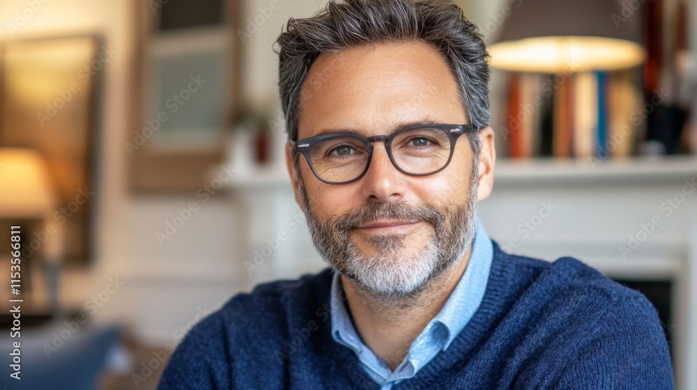 A middle aged man with glasses smiles gently A middle aged man with glasses smiles gently