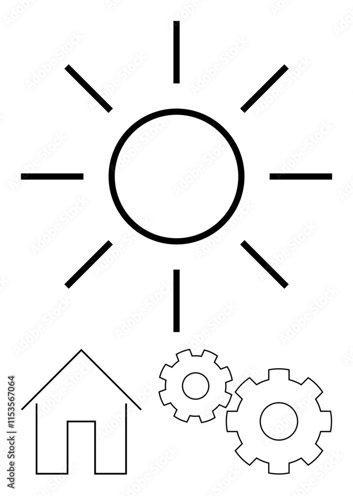 Sun shining brightly, simple house outline, adjacent to two interlocking gears. Ideal for renewable energy, sustainability, technology integration, eco-friendly housing, clean energy, mechanical Sun shining brightly, simple house outline, adjacent to two interlocking gears. Ideal for renewable energy, sustainability, technology integration, eco-friendly housing, clean energy, mechanical