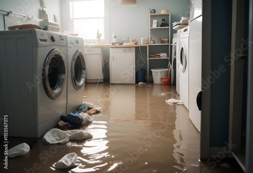 A flooded laundry room with water covering the floor, washing machine, and other household items. The room appears to be in disarray with various objects scattered around