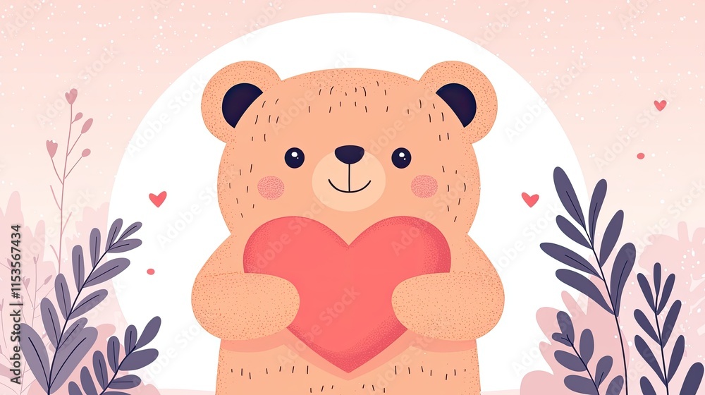 A cute cartoon bear holding a heart surrounded by plants, set against a soft pastel background with hearts floating around. A cute cartoon bear holding a heart surrounded by plants, set against a soft pastel background with hearts floating around.