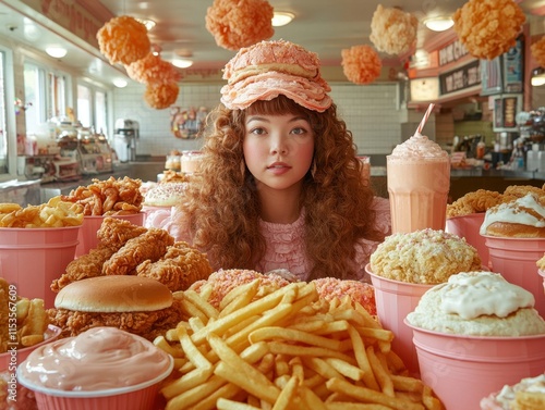 A playful young woman surrounded by an array of colorful fast food items, showcasing a whimsical dining experience filled with fries, chicken, and vibrant desserts. photo