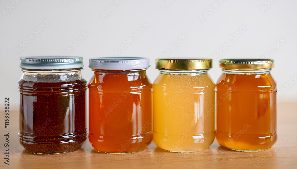 Jars filled with honey, jam and grains on wooden table. Natural products. White wall on backdrop. Jars filled with honey, jam and grains on wooden table. Natural products. White wall on backdrop.