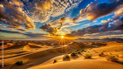 Fototapeta Naklejka Na Ścianę i Meble -  Panoramic Sunset Adventure: Majestic Desert Landscape at Golden Hour