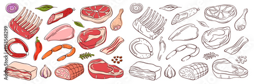 Set of meat products sausage, meat, steak, chicken leg, fillet, ribs, steak, bacon, ham and vegetable. Line art flat design of pieces of meat. Isolated on white background.