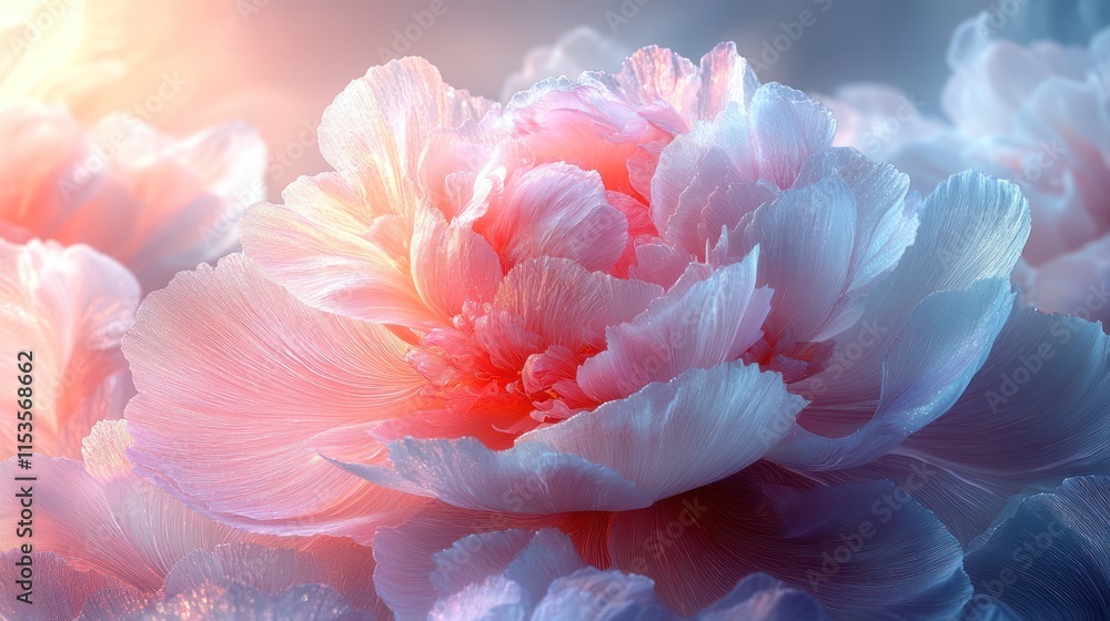 Close-up of delicate pink and white peony blossoms bathed in soft sunlight. Close-up of delicate pink and white peony blossoms bathed in soft sunlight.