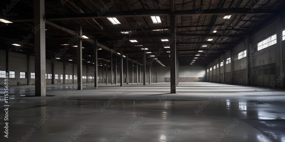 A large, empty industrial warehouse with concrete floors, exposed pipes, and dim lighting. The space appears to be abandoned or unused, with a sense of emptiness and decay A large, empty industrial warehouse with concrete floors, exposed pipes, and dim lighting. The space appears to be abandoned or unused, with a sense of emptiness and decay