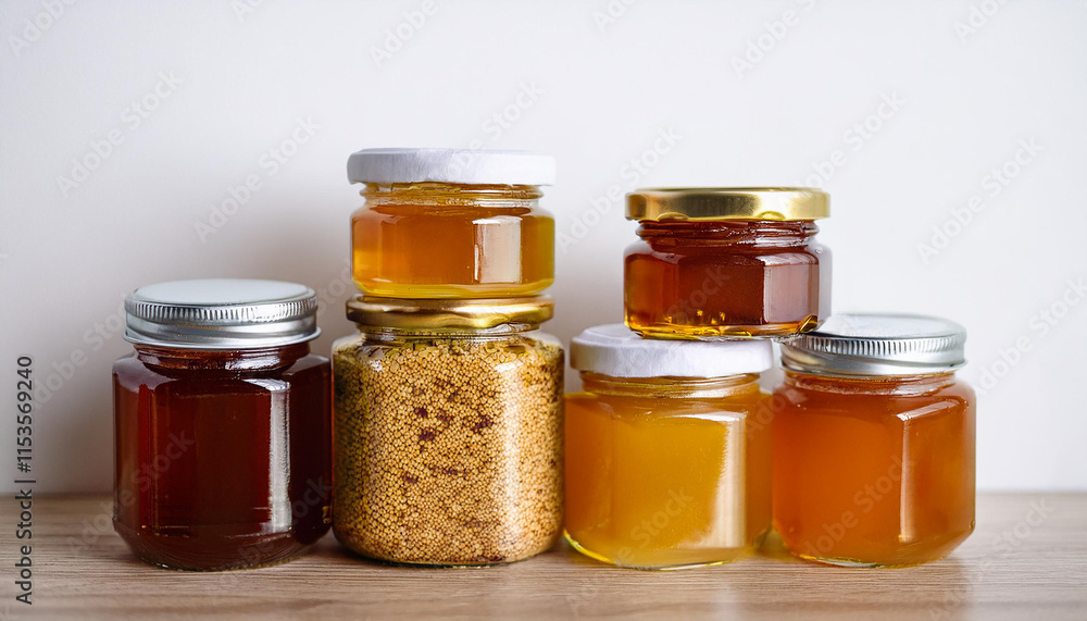 Jars filled with honey, jam and grains on wooden table. Natural products. White wall on backdrop. Jars filled with honey, jam and grains on wooden table. Natural products. White wall on backdrop.